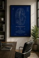 Framed Blueprint style Archerfield GC print in a bright study