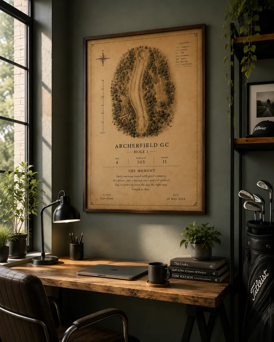 Framed Vintage style print above a desk in a green home office