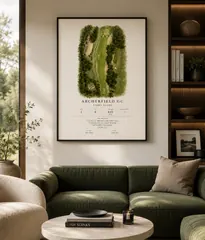 Framed Archerfield GC print above a green sofa in a bright living room