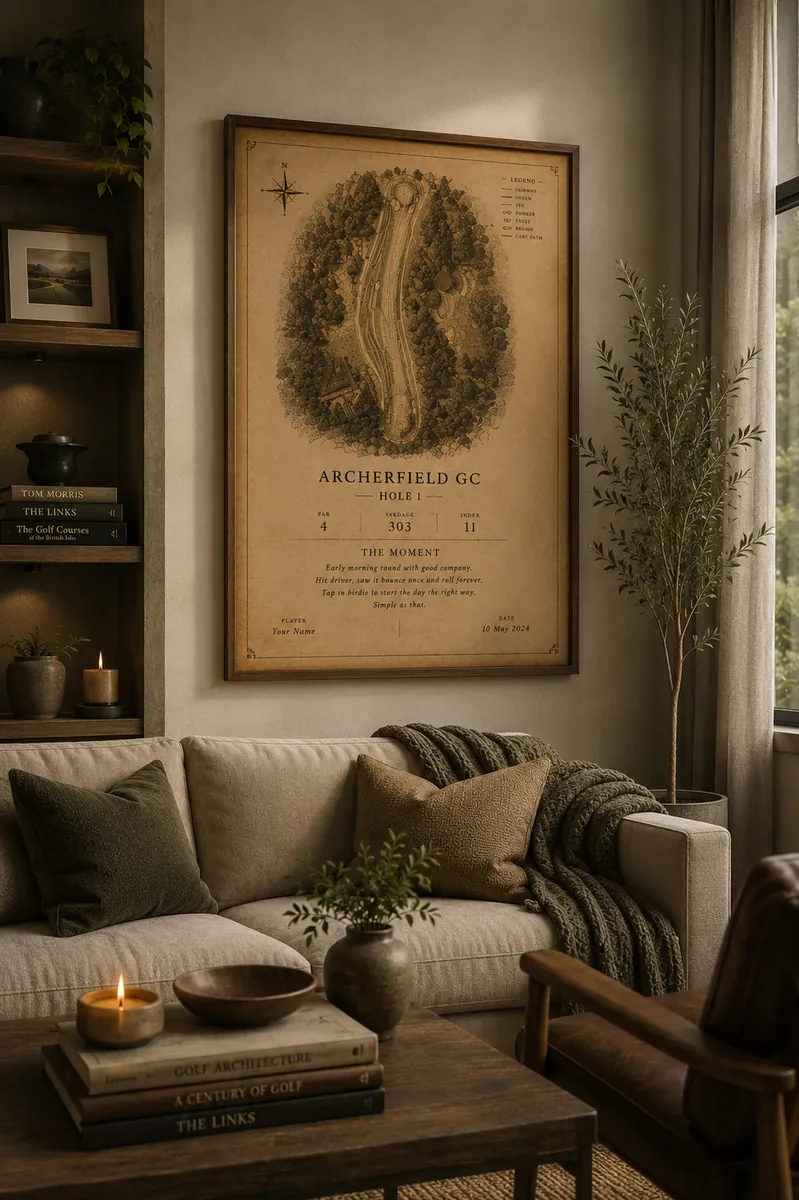 Framed Vintage style Archerfield GC print above a cream sofa