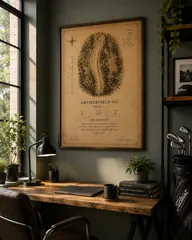 Framed Vintage style print above a desk in a green home office