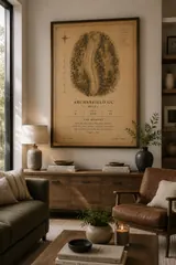 Framed Vintage style print in a sunlit living room