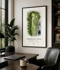 Framed Courseform watercolour golf hole print in a home office