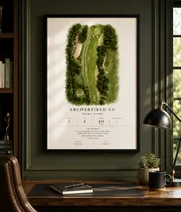 Framed Archerfield GC print on a dark green panelled office wall