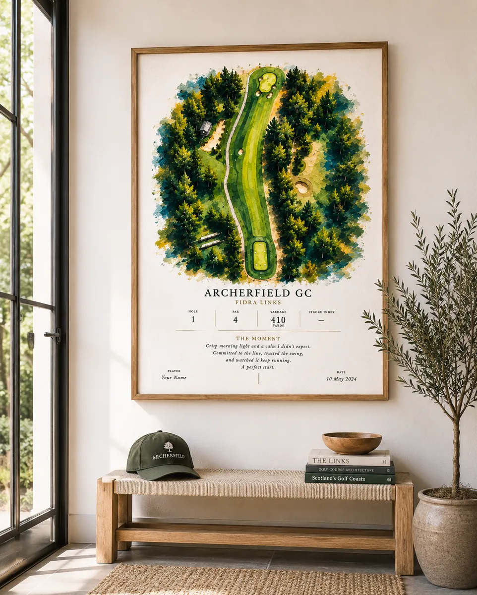 Framed Studio style Archerfield GC print above a woven bench