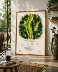 Framed Studio style print leaning against a wall beside a golf bag