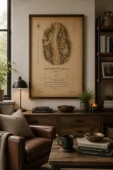 Framed Vintage style print above a dark wooden sideboard