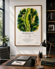 Framed Studio style print above a wooden desk in a home office