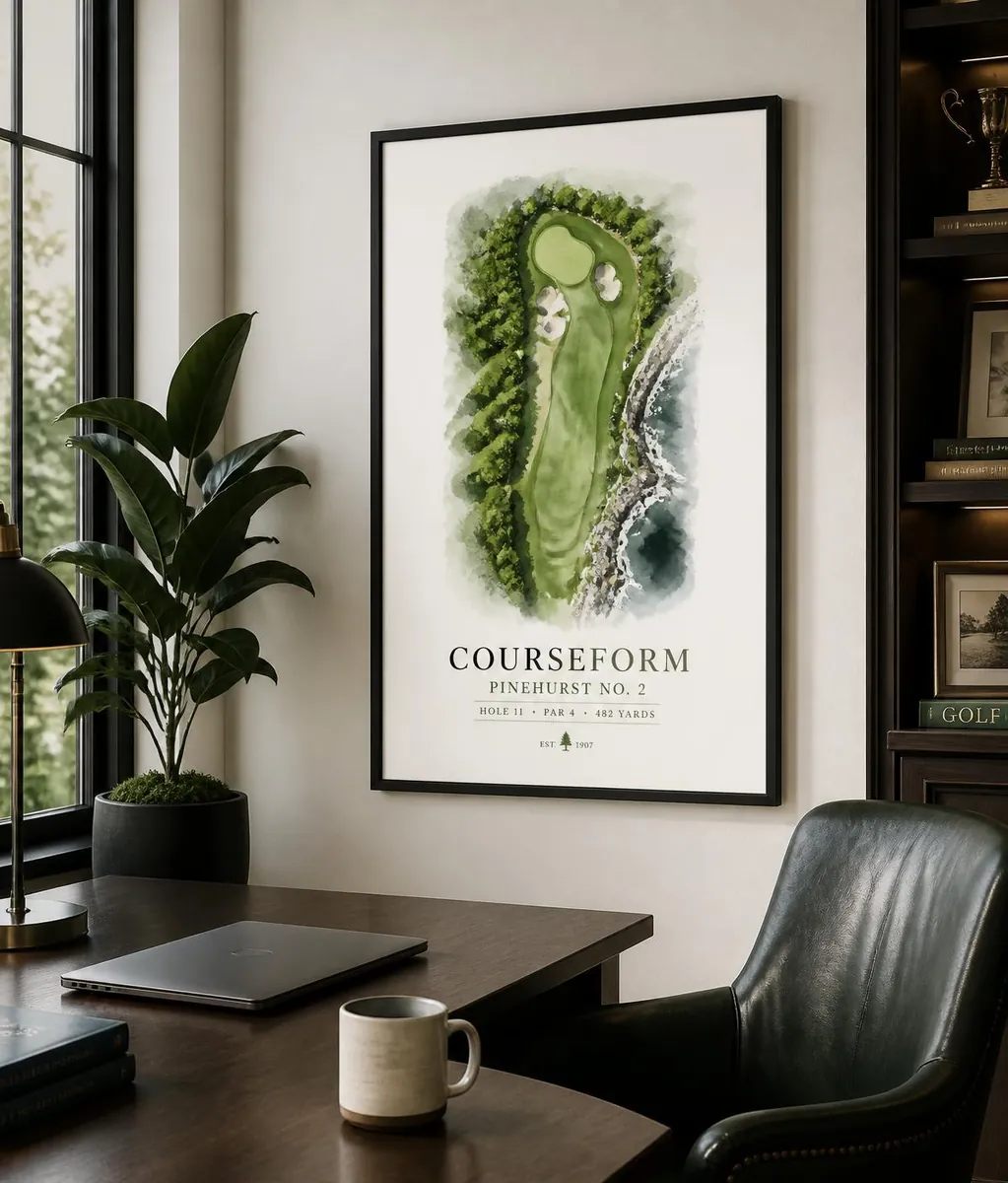 Framed Courseform watercolour golf hole print in a home office